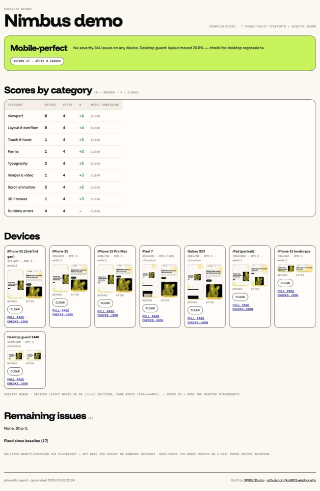 phonefix report: Mobile-perfect verdict, scores by category before and after, device grid with before and after screenshots